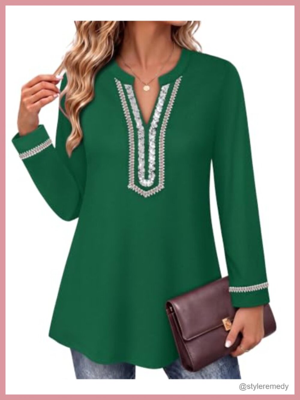 Womens Long Sleeve Henley V Neck Embroidered Sequin Tunic Top